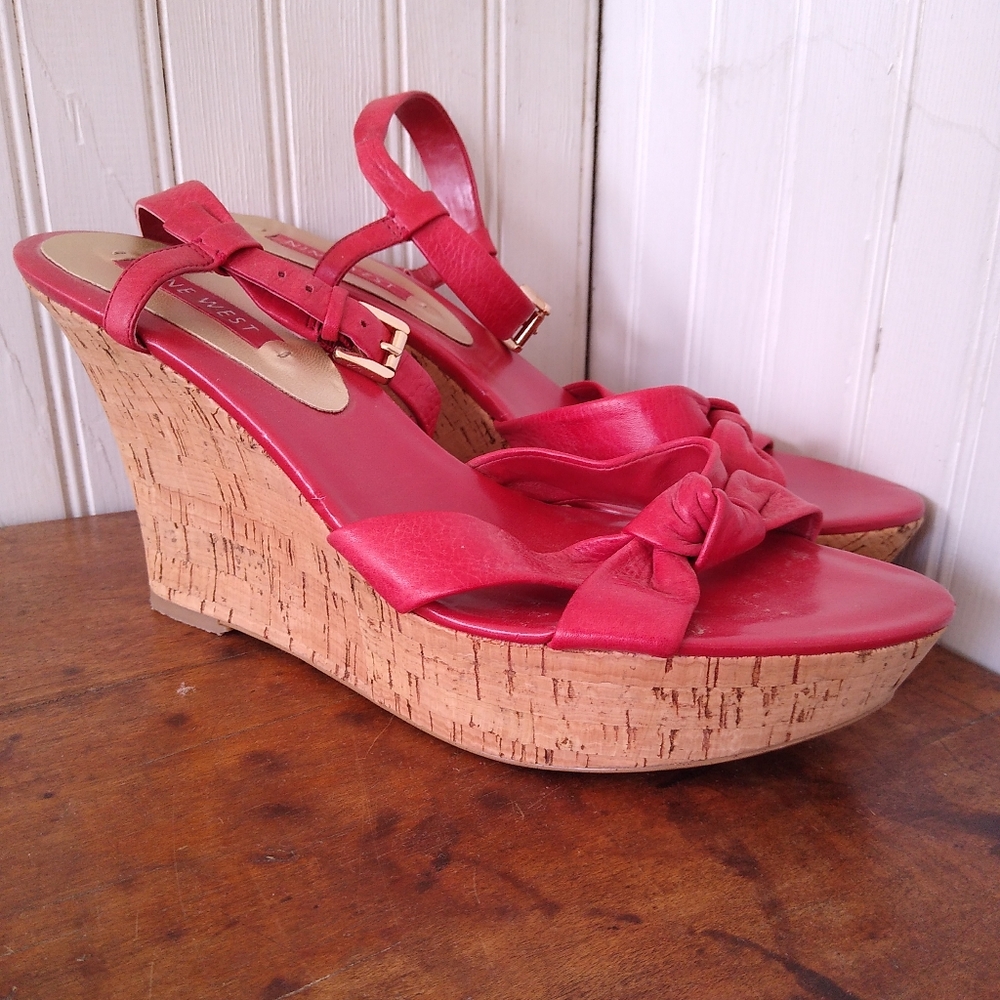 NINE WEST Red Leather and Cork Wedge Open Toe Heels